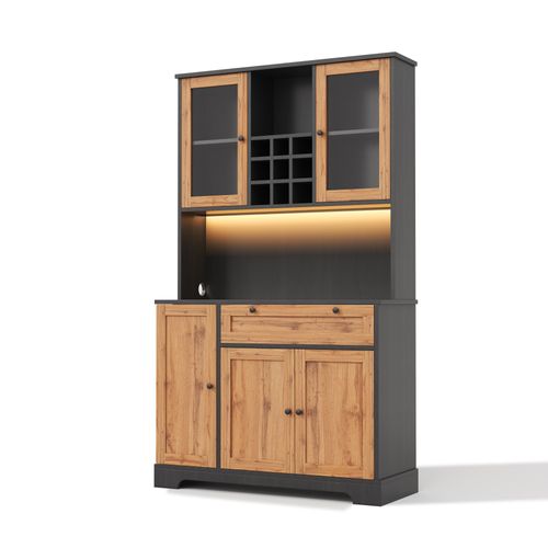 Buffet De Cuisine 105x40x180 Cm, Éclairage LED Changeant Via Appli, Tiroir, Mdf, Couleur Bois+noir