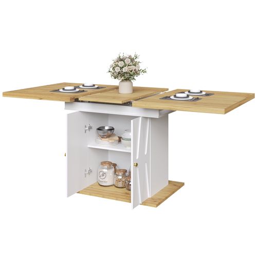 Table Extensible 110(140)x70x76,5 Cm, Rangement Intégré, Pieds à Relief, Mdf Et Métal, Blanc+bois