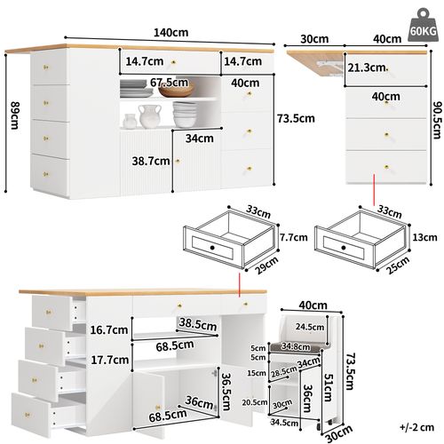 Îlot De Cuisine 140x40(70)x89 Cm, 6 Tiroirs Et Tabouret Coffre, Mdf Et Métal, Blanc