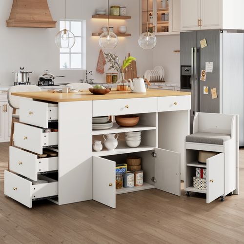 Îlot De Cuisine 140x40(70)x89 Cm, 6 Tiroirs Et Tabouret Coffre, Mdf Et Métal, Blanc