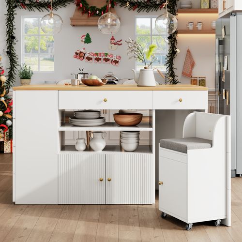 Îlot De Cuisine 140x40(70)x89 Cm, 6 Tiroirs Et Tabouret Coffre, Mdf Et Métal, Blanc