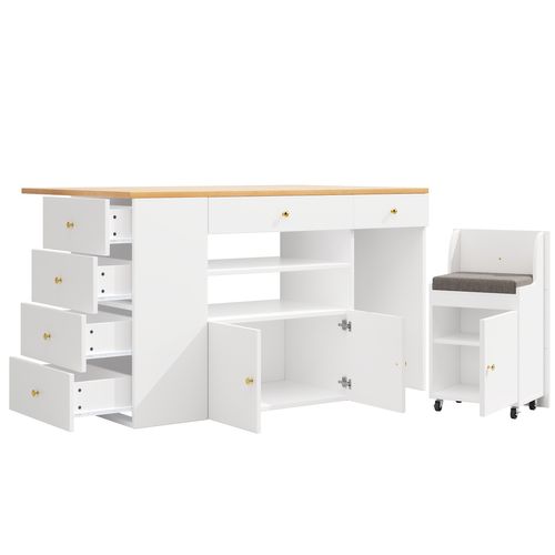 Îlot De Cuisine 140x40(70)x89 Cm, 6 Tiroirs Et Tabouret Coffre, Mdf Et Métal, Blanc