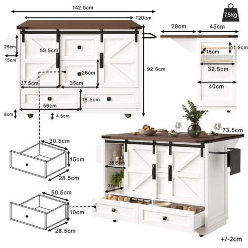 Îlot De Cuisine Mobile 142.5x45-73x92.5cm, Plateau Rabattable, Portes Coulissantes, Mdf, Blanc+brun