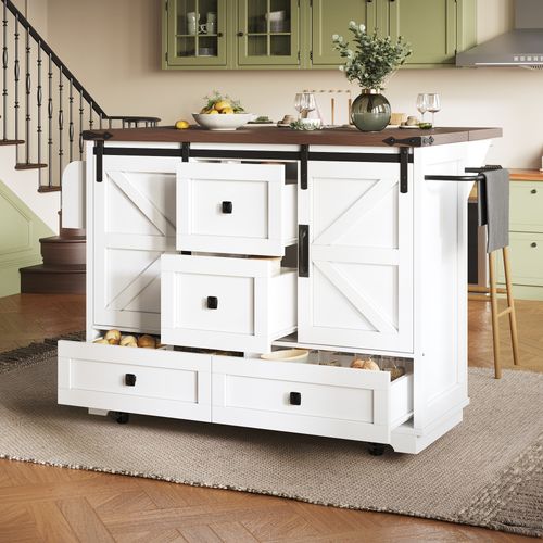 Îlot De Cuisine Mobile 142.5x45-73x92.5cm, Plateau Rabattable, Portes Coulissantes, Mdf, Blanc+brun