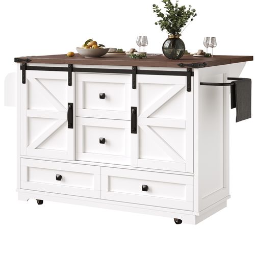 Îlot De Cuisine Mobile 142.5x45-73x92.5cm, Plateau Rabattable, Portes Coulissantes, Mdf, Blanc+brun