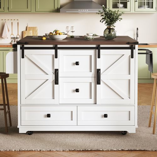 Îlot De Cuisine Mobile 142.5x45-73x92.5cm, Plateau Rabattable, Portes Coulissantes, Mdf, Blanc+brun