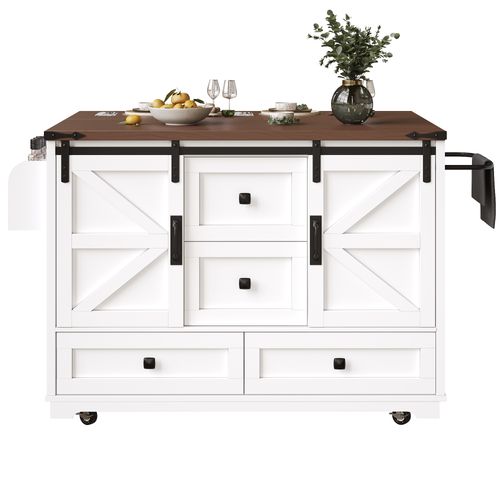 Îlot De Cuisine Mobile 142.5x45-73x92.5cm, Plateau Rabattable, Portes Coulissantes, Mdf, Blanc+brun