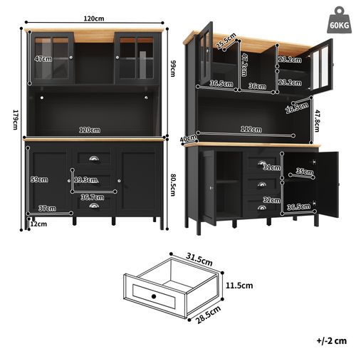 Buffet Haut De Cuisine 120x40x179 Cm, 4 Portes, 3 Tiroirs, LED, Mdf, Métal, Noir+bois