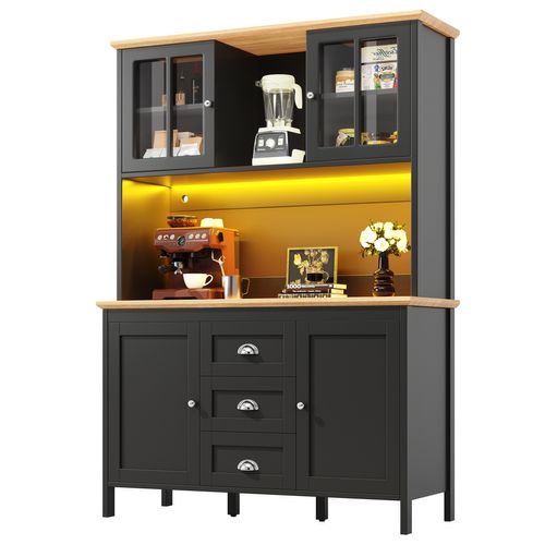 Buffet Haut De Cuisine 120x40x179 Cm, 4 Portes, 3 Tiroirs, LED, Mdf, Métal, Noir+bois