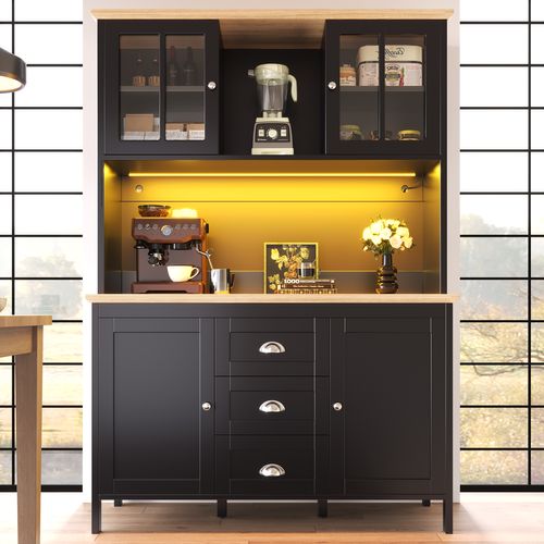 Buffet Haut De Cuisine 120x40x179 Cm, 4 Portes, 3 Tiroirs, LED, Mdf, Métal, Noir+bois