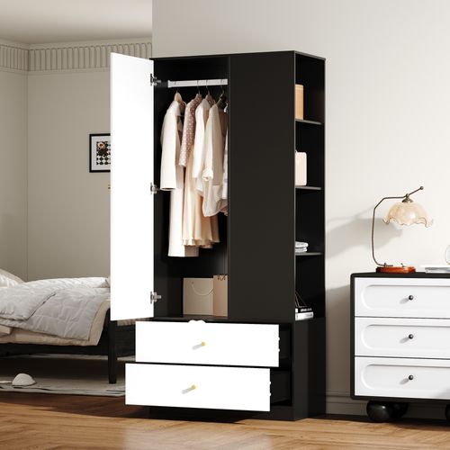 Armoire 80x40x180 Cm, Porte Miroir, 2 Tiroirs Et 4 Étagères, Panneaux De Particules, Noir+blanc