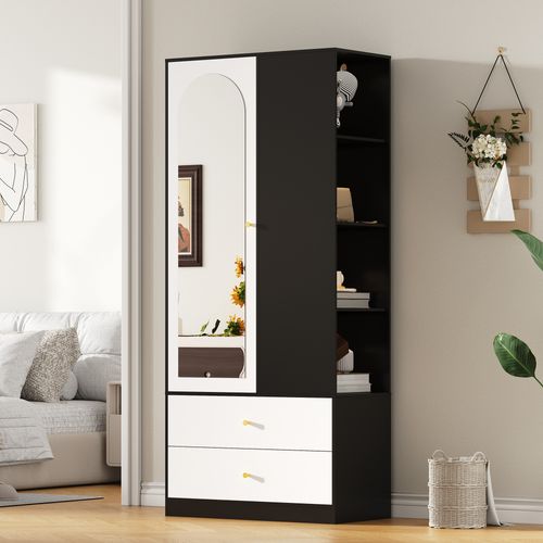 Armoire 80x40x180 Cm, Porte Miroir, 2 Tiroirs Et 4 Étagères, Panneaux De Particules, Noir+blanc