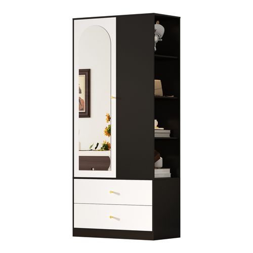 Armoire 80x40x180 Cm, Porte Miroir, 2 Tiroirs Et 4 Étagères, Panneaux De Particules, Noir+blanc