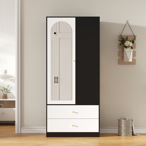 Armoire 80x40x180 Cm, Porte Miroir, 2 Tiroirs Et 4 Étagères, Panneaux De Particules, Noir+blanc