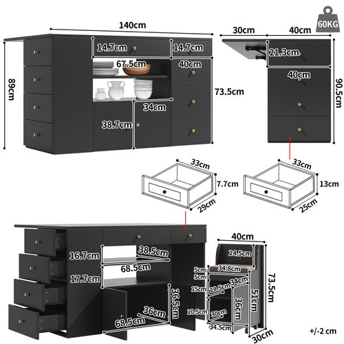 Îlot De Cuisine 140x40-70x90.5 Cm, 6 Tiroirs Et Tabouret De Rangement, Mdf Et Métal, Couleur Noir