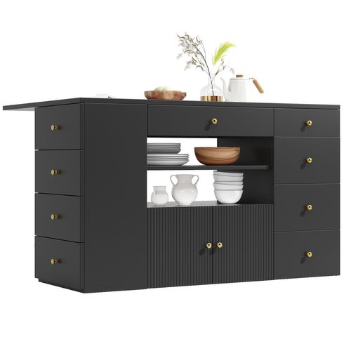 Îlot De Cuisine 140x40-70x90.5 Cm, 6 Tiroirs Et Tabouret De Rangement, Mdf Et Métal, Couleur Noir