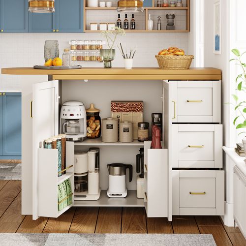 Bar Roulant Extensible 135-228x39x106.5 Cm, 2 Portes, 3 Tiroirs, Bois, Mdf, Métal, Blanc+bois