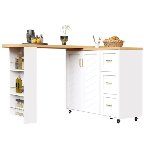 Bar Roulant Extensible 135-228x39x106.5 Cm, 2 Portes, 3 Tiroirs, Bois, Mdf, Métal, Blanc+bois