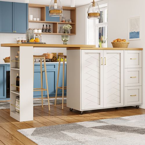 Bar Roulant Extensible 135-228x39x106.5 Cm, 2 Portes, 3 Tiroirs, Bois, Mdf, Métal, Blanc+bois