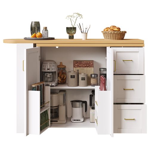 Bar Roulant Extensible 135-228x39x106.5 Cm, 2 Portes, 3 Tiroirs, Bois, Mdf, Métal, Blanc+bois