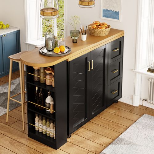 Table De Bar Extensible 135-228x39x106.5 Cm, Roulettes, Mdf Et Métal, Noire, Plateau Effet Bois