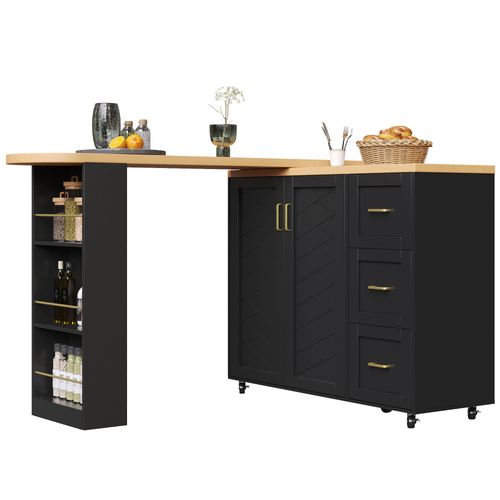 Table De Bar Extensible 135-228x39x106.5 Cm, Roulettes, Mdf Et Métal, Noire, Plateau Effet Bois