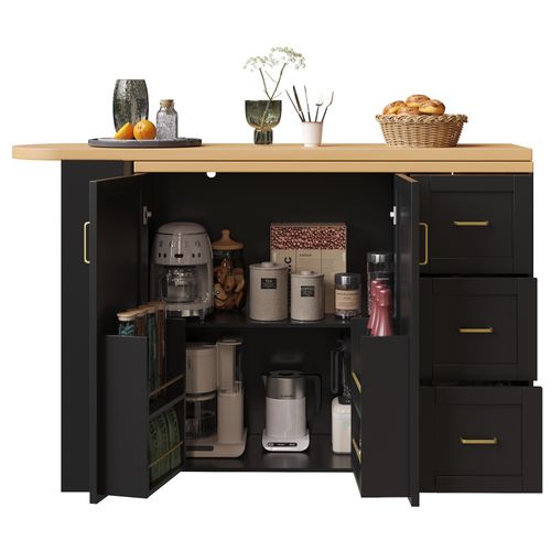 Table De Bar Extensible 135-228x39x106.5 Cm, Roulettes, Mdf Et Métal, Noire, Plateau Effet Bois