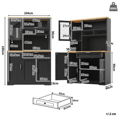 Haut Meuble De Cuisine 104x40x180 Cm, Vitrine LED USB, Mdf Métal, Couleur Noir Et Bois