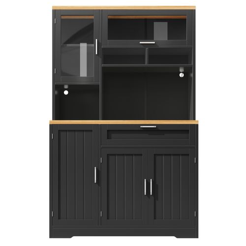 Haut Meuble De Cuisine 104x40x180 Cm, Vitrine LED USB, Mdf Métal, Couleur Noir Et Bois