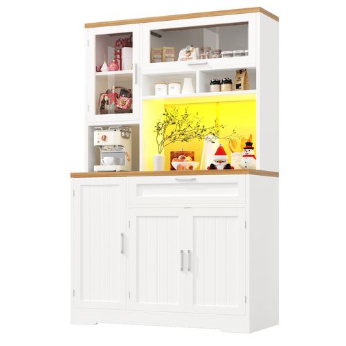 Haut Meuble De Cuisine 104x40x180 Cm, Vitrine LED USB, Mdf Métal, Couleur Blanc Et Bois