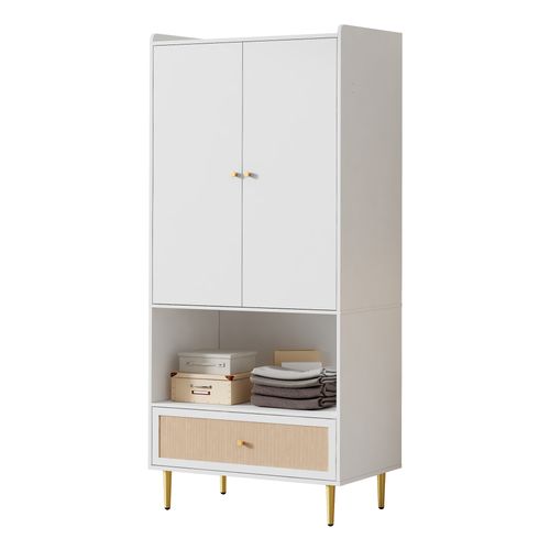 Armoire 80x48x175 Cm, 2 Portes, 1 Tiroir En Rotin Synthétique, Panneau De Particules, Blanc+bois