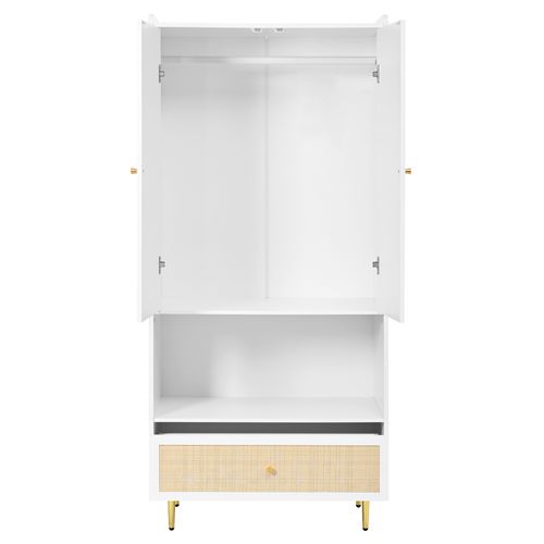 Armoire 80x48x175 Cm, 2 Portes, 1 Tiroir En Rotin Synthétique, Panneau De Particules, Blanc+bois