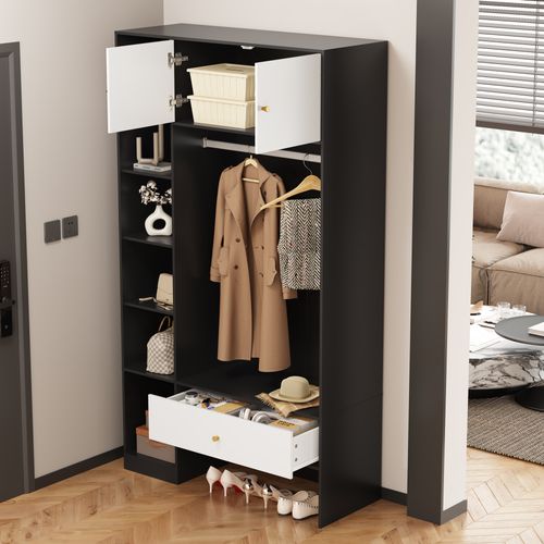 Meuble D'entrée 105x40x185 Cm, 6 Rangements Penderie, Tiroir, Panneaux De Particules, Noir+blanc
