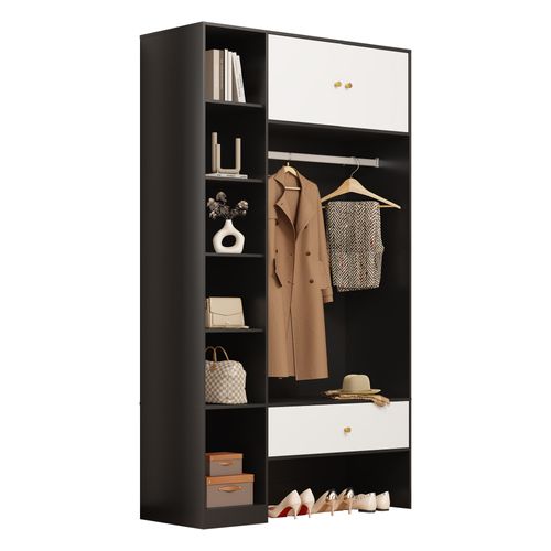Meuble D'entrée 105x40x185 Cm, 6 Rangements Penderie, Tiroir, Panneaux De Particules, Noir+blanc