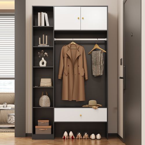 Meuble D'entrée 105x40x185 Cm, 6 Rangements Penderie, Tiroir, Panneaux De Particules, Noir+blanc