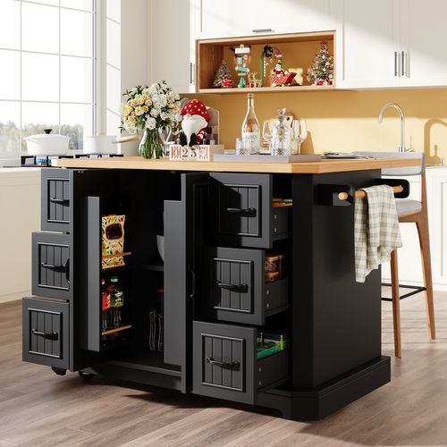 Îlot De Cuisine Sur Roulettes 120x45x91 Cm, 6 Tiroirs Et 2 Portes, Mdf Métal, Noir