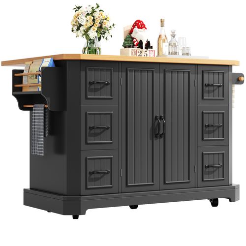 Îlot De Cuisine Sur Roulettes 120x45x91 Cm, 6 Tiroirs Et 2 Portes, Mdf Métal, Noir