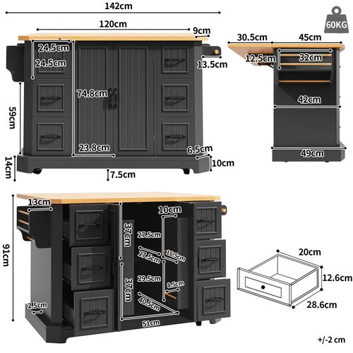 Îlot De Cuisine Sur Roulettes 120x45x91 Cm, 6 Tiroirs Et 2 Portes, Mdf Métal, Noir