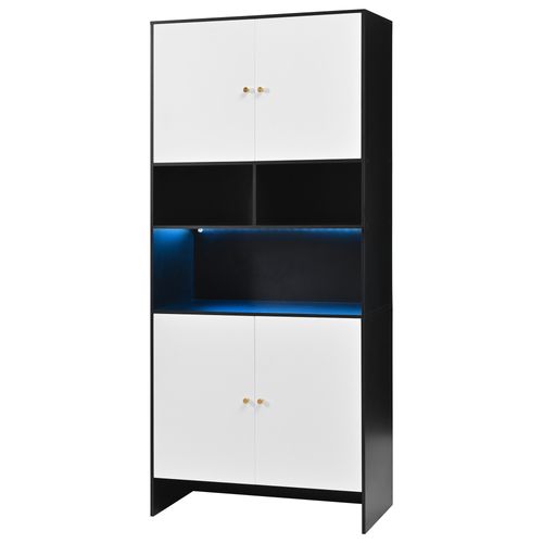 Buffet Haut 80x40x185 Cm, 4 Portes Et Étagères Réglables, Panneaux De Particules, Blanc Et Noir
