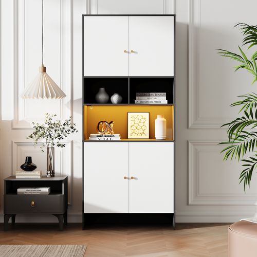 Buffet Haut 80x40x185 Cm, 4 Portes Et Étagères Réglables, Panneaux De Particules, Blanc Et Noir