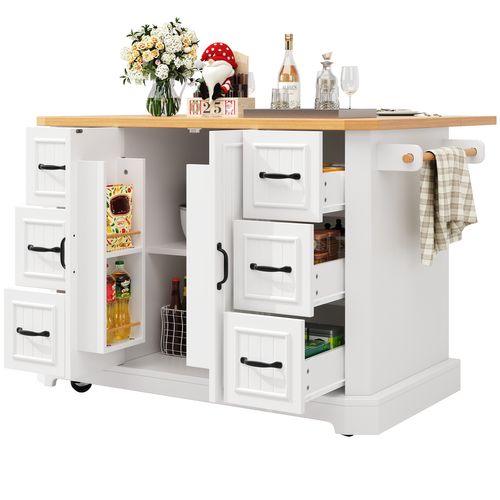 Îlot De Cuisine 142x45-75.5x91 Cm, Sur Roulettes, 2 Portes, 6 Tiroirs, Mdf, Métal, Blanc+bois