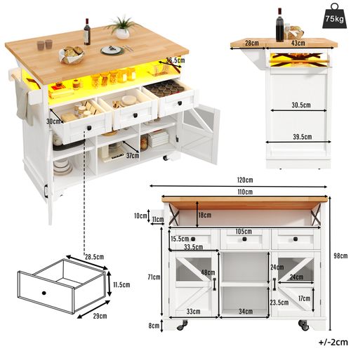 Îlot De Cuisine 120x43-71x98 Cm, 3 Tiroirs, Plateau Rabattable, Mdf, Métal, Blanc+bois