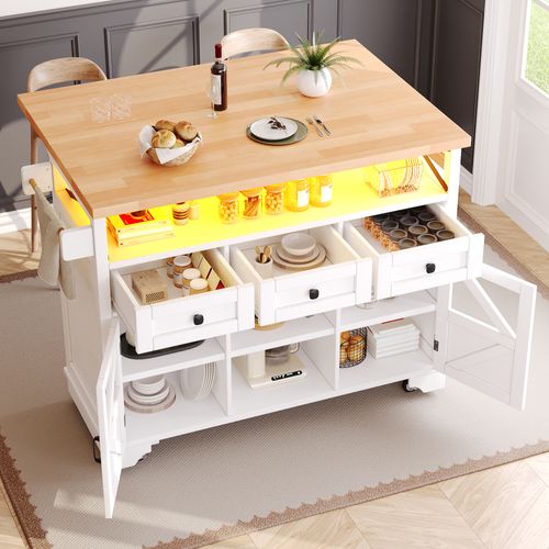 Îlot De Cuisine 120x43-71x98 Cm, 3 Tiroirs, Plateau Rabattable, Mdf, Métal, Blanc+bois