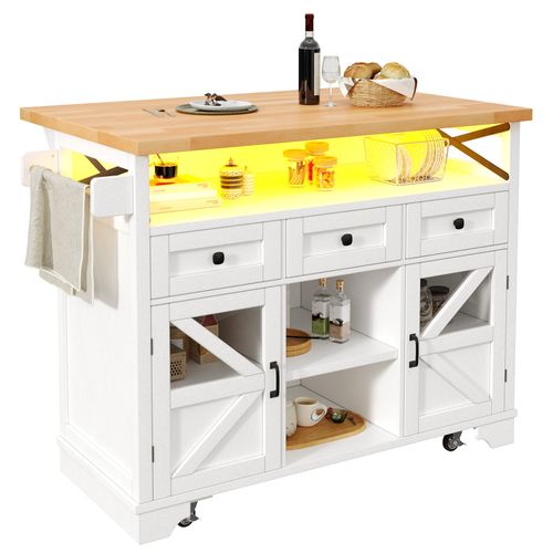 Îlot De Cuisine 120x43-71x98 Cm, 3 Tiroirs, Plateau Rabattable, Mdf, Métal, Blanc+bois