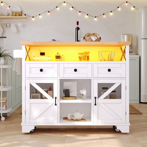 Îlot De Cuisine 120x43-71x98 Cm, 3 Tiroirs, Plateau Rabattable, Mdf, Métal, Blanc+bois