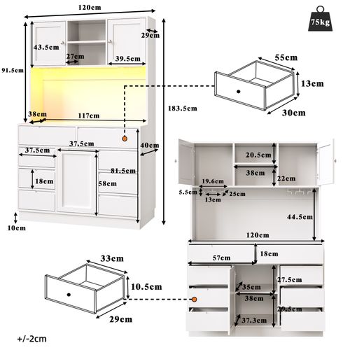 Buffet De Cuisine 120x40x183,5 Cm, LED Connectée, 8 Tiroirs, 3 Portes, 3 Niches, Mdf, Métal, Blanc