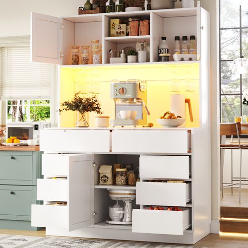 Buffet De Cuisine 120x40x183,5 Cm, LED Connectée, 8 Tiroirs, 3 Portes, 3 Niches, Mdf, Métal, Blanc