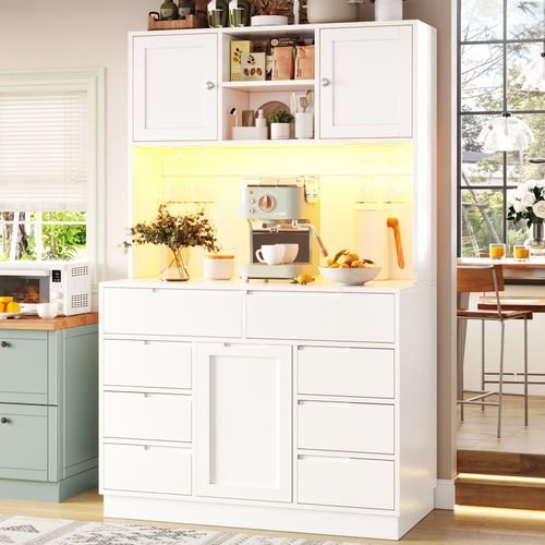Buffet De Cuisine 120x40x183,5 Cm, LED Connectée, 8 Tiroirs, 3 Portes, 3 Niches, Mdf, Métal, Blanc