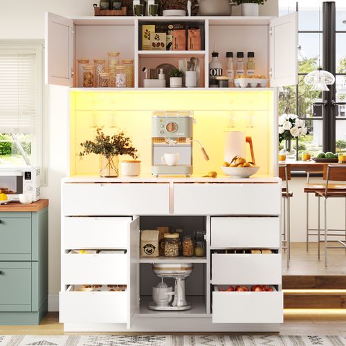 Buffet De Cuisine 120x40x183,5 Cm, LED Connectée, 8 Tiroirs, 3 Portes, 3 Niches, Mdf, Métal, Blanc