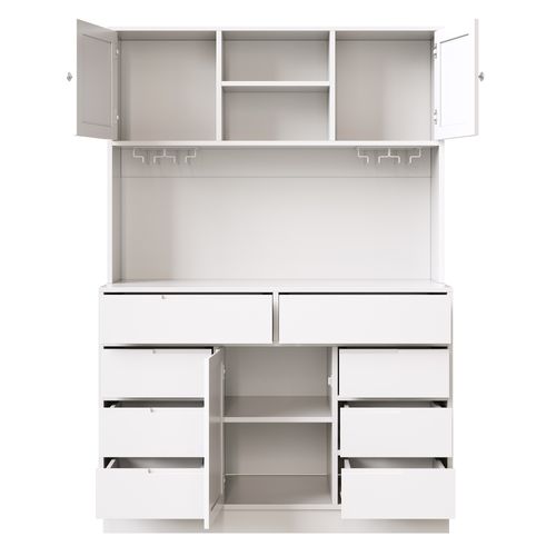 Buffet De Cuisine 120x40x183,5 Cm, LED Connectée, 8 Tiroirs, 3 Portes, 3 Niches, Mdf, Métal, Blanc